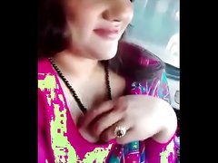 Desi hindi speaking Indian big tit aunty in pink saree play with boob